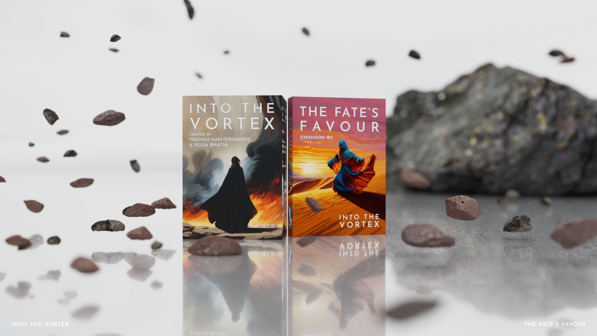A picture of Into The Vortex and The Fate's Favour in a white room surrounded by floating rocks.