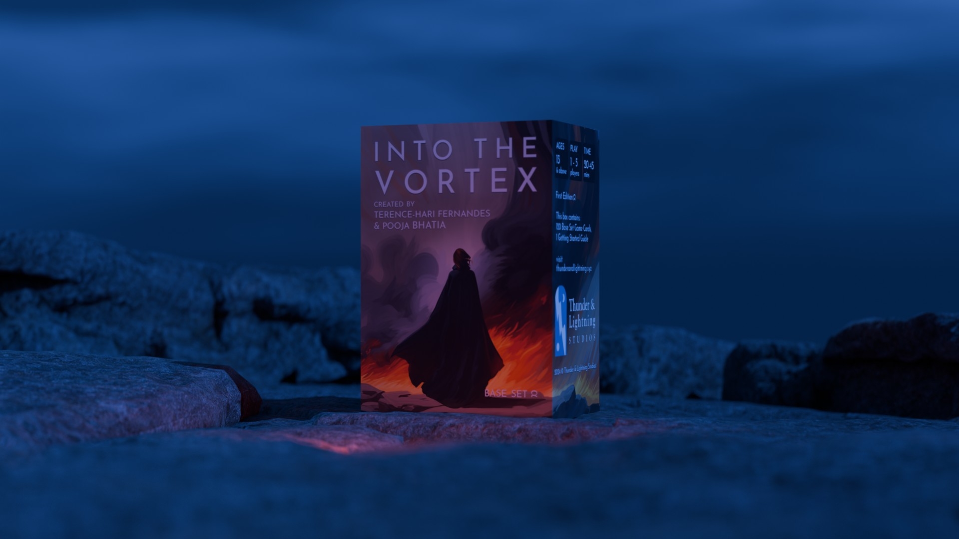A picture of a deck box of Into The Vortex placed in a rocky landscape at night.