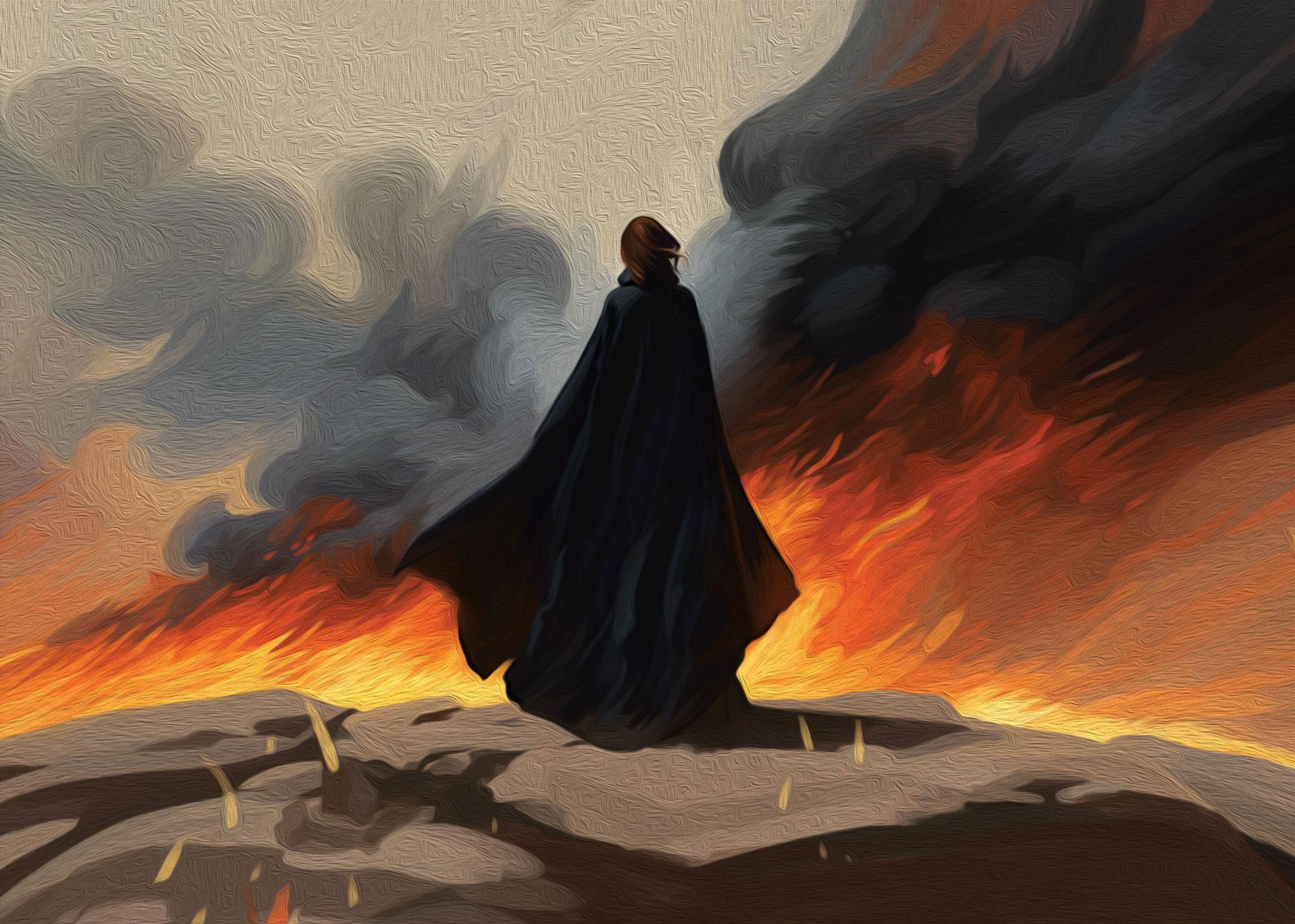 A painted picture of a cloacked figure standing with their back to the camera, facing plumes of rising fire and smoke.