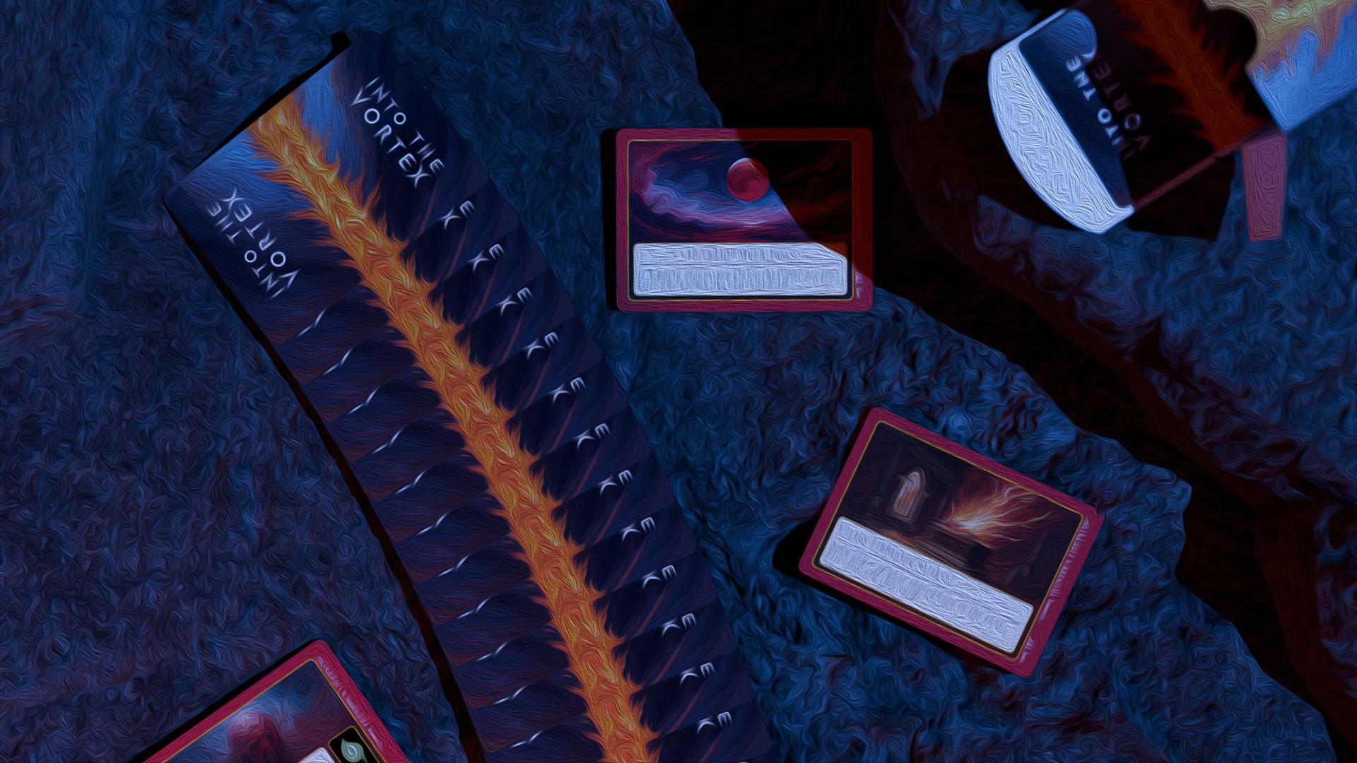 A painted picture of Into The Vortex cards spread across a rocky landscape. A few dangerous looking cards are face up. One of the cards has a blood moon on it.