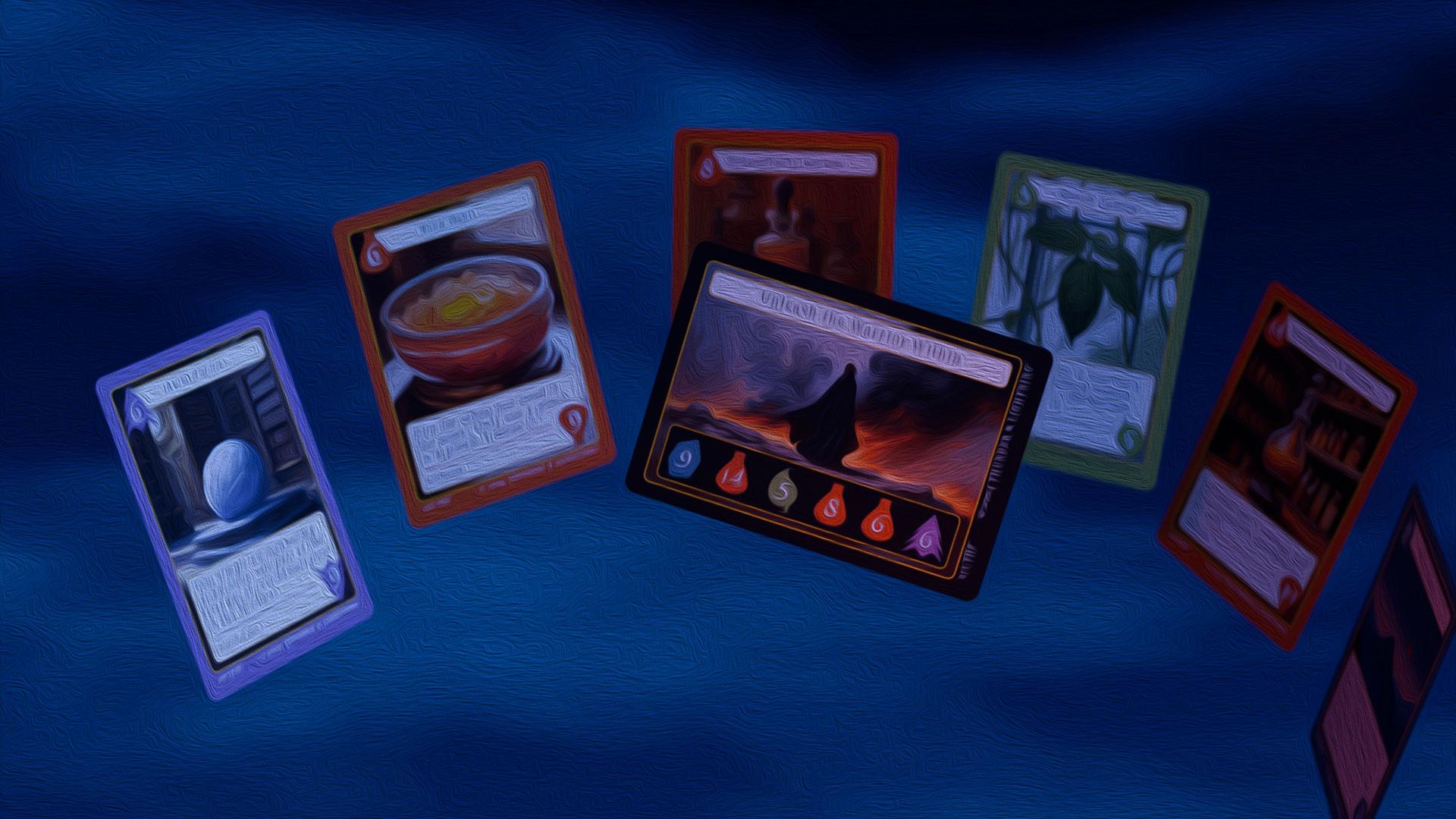 A painted picture of Into The Vortex Spell and Ingredient cards magically floating in the air against the night sky.