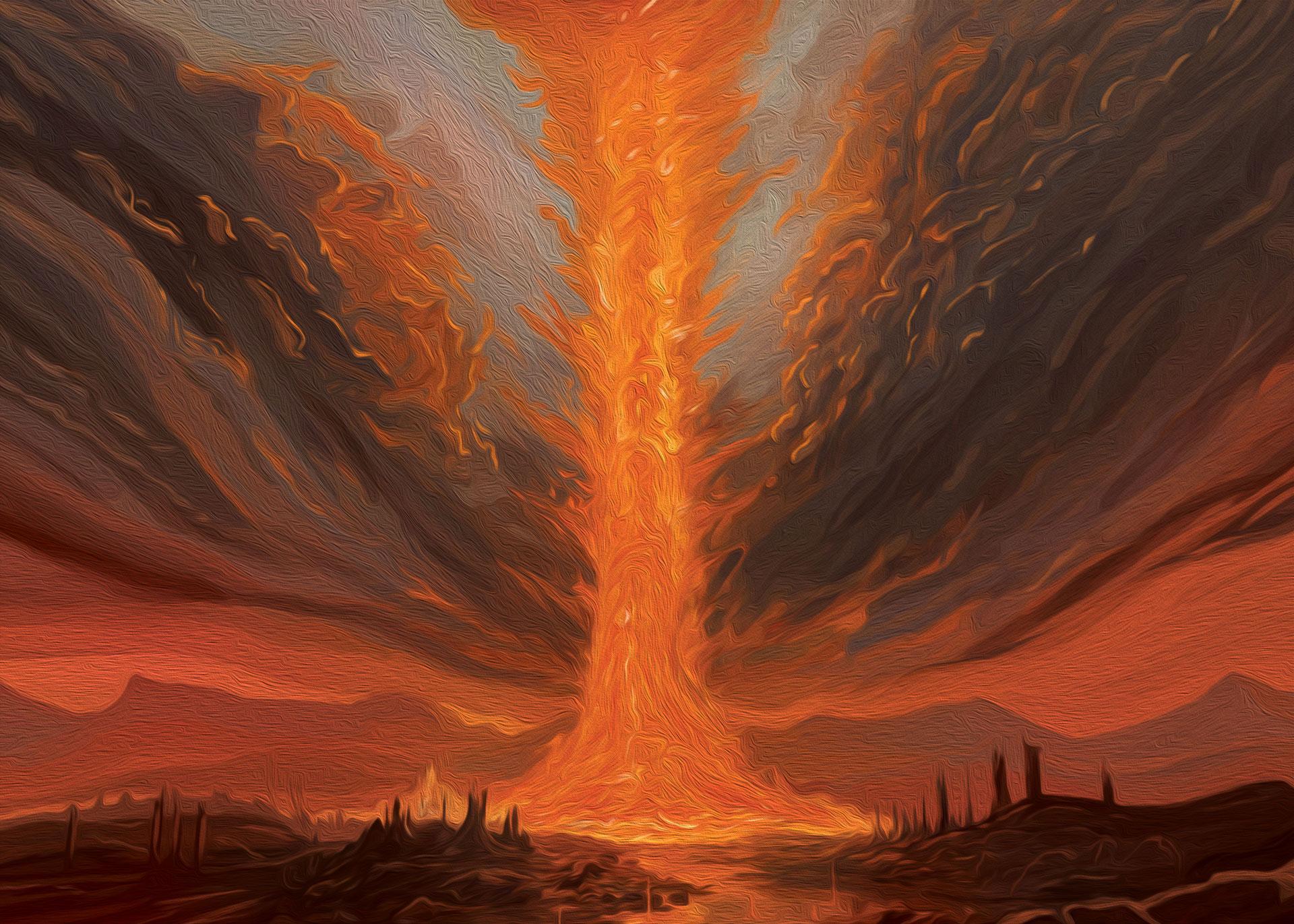 A painted picture of a terrifying pillar of fire rising into the sky in a desolate and barren ladnscape.